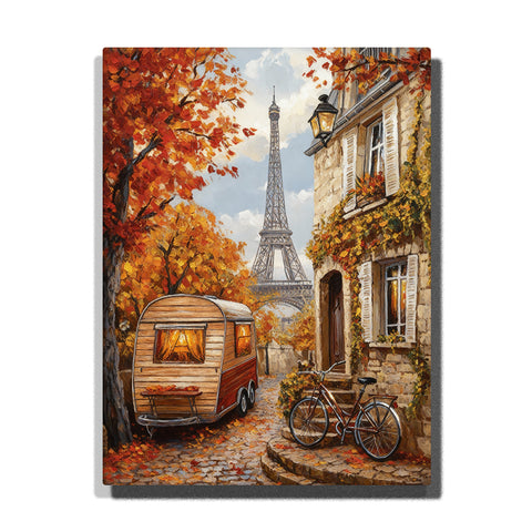 paint by numbers artwork depicting Eiffel Tower street with autumn leaves, vintage camper van, bicycle and warm lighting, Paris city wall decor for adults by PaintEasy