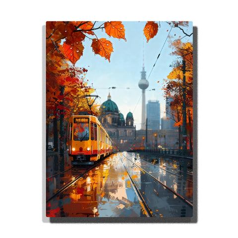 paint by numbers artwork depicting Berlin tram on wet street with autumn leaves, reflections and TV tower skyline, urban city wall decor for adults by PaintEasy