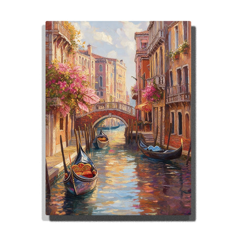 paint by numbers artwork depicting Venice canal with gondolas, flowered balconies and arched bridge under warm sunlight, romantic city wall decor for adults by PaintEasy