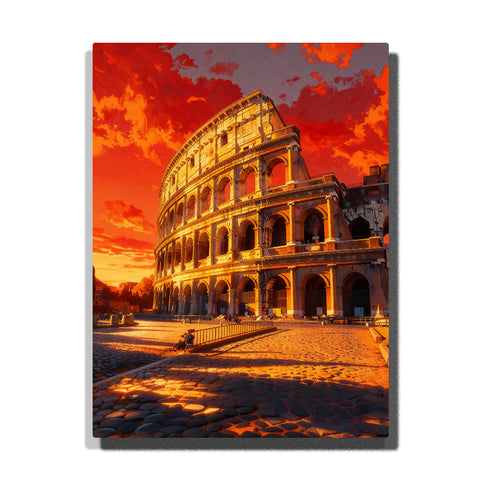 paint by numbers artwork depicting Colosseum under fiery sunset sky with warm light and stone arches, Rome landmark wall decor for adults by PaintEasy