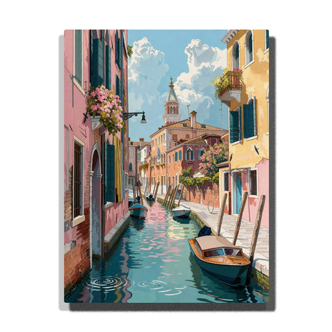 paint by numbers artwork depicting Venice canal with pastel houses, blue water reflections and small boats under soft sky, city wall decor for adults by PaintEasy
