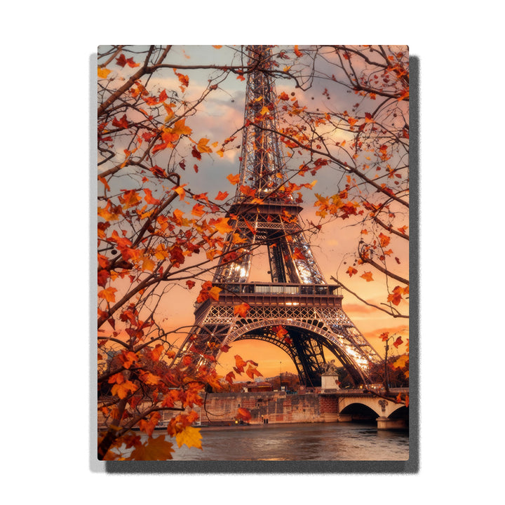 paint by numbers artwork depicting Eiffel Tower with autumn leaves at sunset, Paris city landmark wall decor for adults by PaintEasy