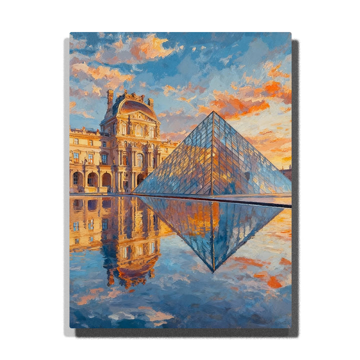 paint by numbers artwork depicting Louvre Pyramid with palace facade, water reflections and golden clouds in blue sky, Paris city wall decor for adults by PaintEasy