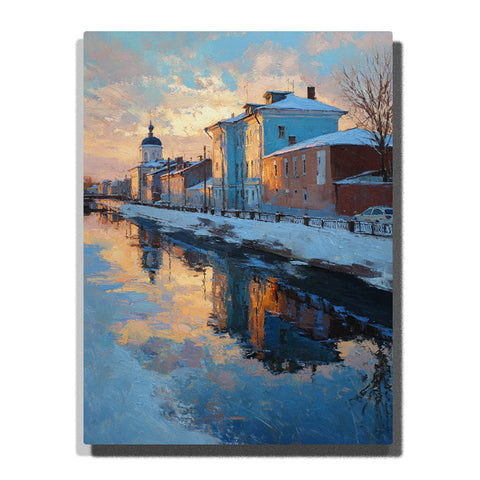 A snowy canal lined with historic buildings and a domed church, reflecting golden sunset light across dark winter water in this PaintEasy Paint by Numbers artwork.
