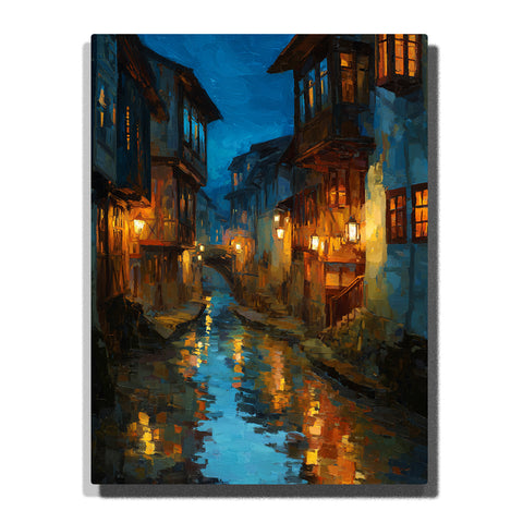 A lantern-lit canal street with wooden houses, glowing windows, a small bridge, and blue night reflections in this PaintEasy Paint by Numbers artwork.