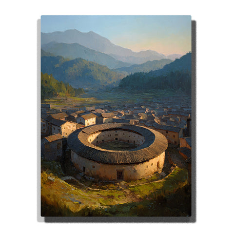 A large circular earthen village surrounded by clustered traditional houses, green valleys, and layered mountains in this PaintEasy Paint by Numbers artwork.