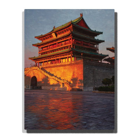 An ancient Chinese gate tower with glowing red walls, layered green roofs, stone stairs, and a broad plaza lit by warm dusk light in this PaintEasy Paint by Numbers artwork.