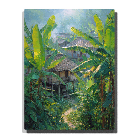 A tropical village path surrounded by large banana leaves and dense greenery, leading toward layered wooden houses with shingled roofs in this PaintEasy Paint by Numbers artwork.