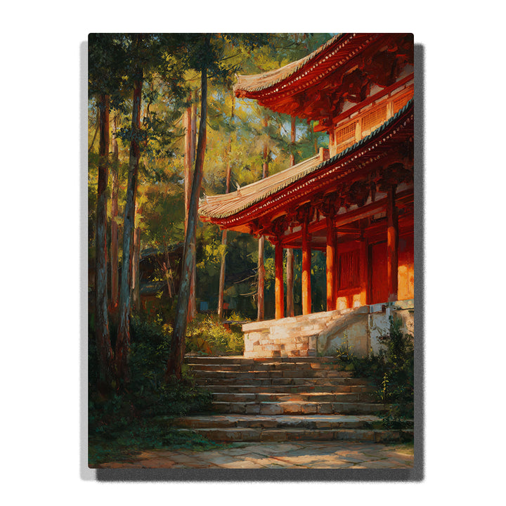 A red temple pavilion with layered eaves beside stone steps, surrounded by tall forest trees and warm filtered sunlight in this PaintEasy Paint by Numbers artwork.