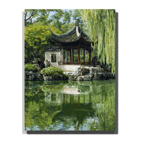 A classical garden pavilion beside a green reflecting pond, surrounded by rocks, trees, and cascading willow branches in this PaintEasy Paint by Numbers artwork.