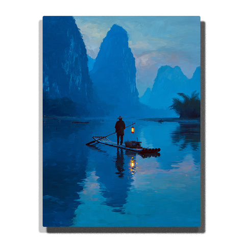 A lone fisherman standing on a bamboo raft with a glowing lantern, reflected in blue river water beneath misty karst mountains in this PaintEasy Paint by Numbers artwork.