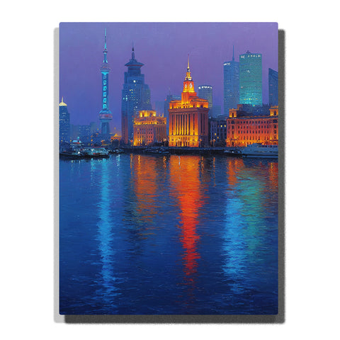 A glowing Shanghai skyline with illuminated towers and historic buildings reflected in blue river water with orange, red, and cyan light streaks in this PaintEasy Paint by Numbers artwork.