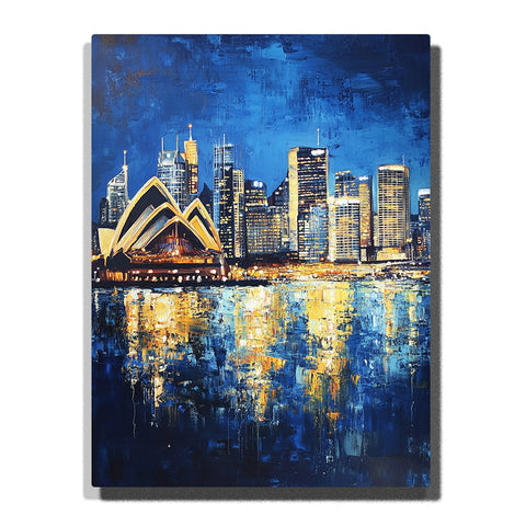 The Sydney Opera House and a lit city skyline reflected in deep blue harbor water with golden and white light streaks in this PaintEasy Paint by Numbers artwork.