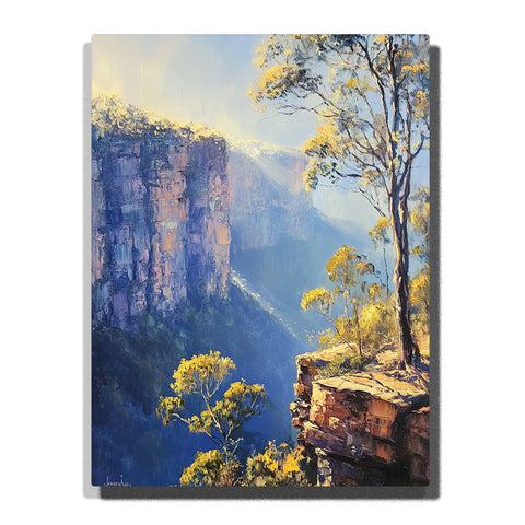 Sunlit canyon cliffs with eucalyptus trees, rocky ledge, and misty blue valley depth, landscape paint by numbers wall art by PaintEasy