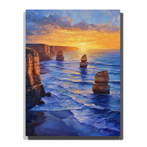 Tall ocean cliffs and sea stacks rising from blue waves beneath a glowing golden sunset sky in this PaintEasy Paint by Numbers artwork.