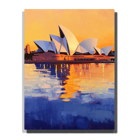 The Sydney Opera House at golden sunset with bright orange sky and broad blue harbor reflections in this PaintEasy Paint by Numbers artwork.
