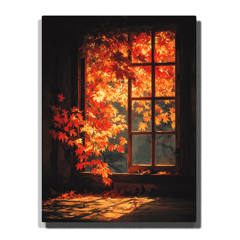 Fiery red and orange maple leaves surrounding a glowing wooden window, with fallen leaves and warm light reflections on a dark floor in this PaintEasy Paint by Numbers artwork.