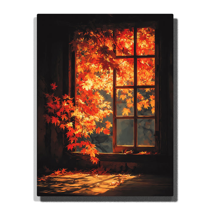 Fiery red and orange maple leaves surrounding a glowing wooden window, with fallen leaves and warm light reflections on a dark floor in this PaintEasy Paint by Numbers artwork.