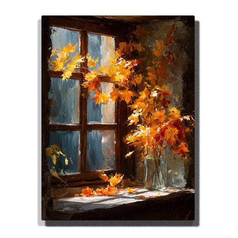 Golden autumn leaves in a glass vase on a windowsill beside a dark wooden window, glowing in warm indoor light against cool blue panes in this PaintEasy Paint by Numbers artwork.