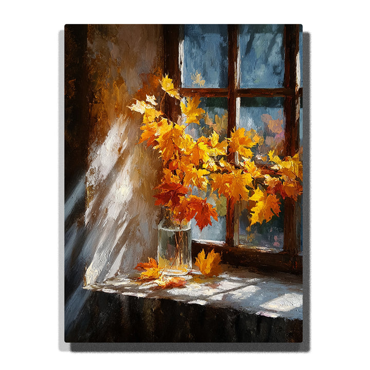 Amber maple branches in a glass jar on a windowsill, lit by diagonal sunbeams beside a rustic wooden window in this PaintEasy Paint by Numbers artwork.