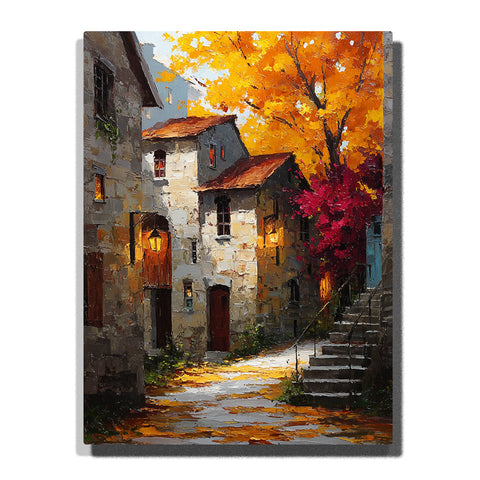 A narrow autumn village street with stone houses, glowing windows, stairways, golden trees, and red foliage in this PaintEasy Paint by Numbers artwork.