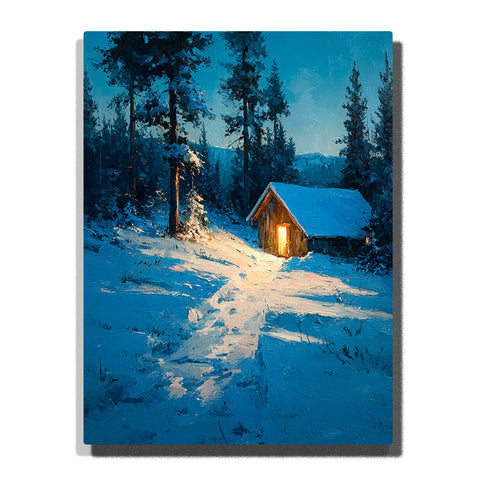 A snowy forest cabin with a glowing window, winding snow path, and tall dark pine trees under a deep blue winter dusk in this PaintEasy Paint by Numbers artwork.