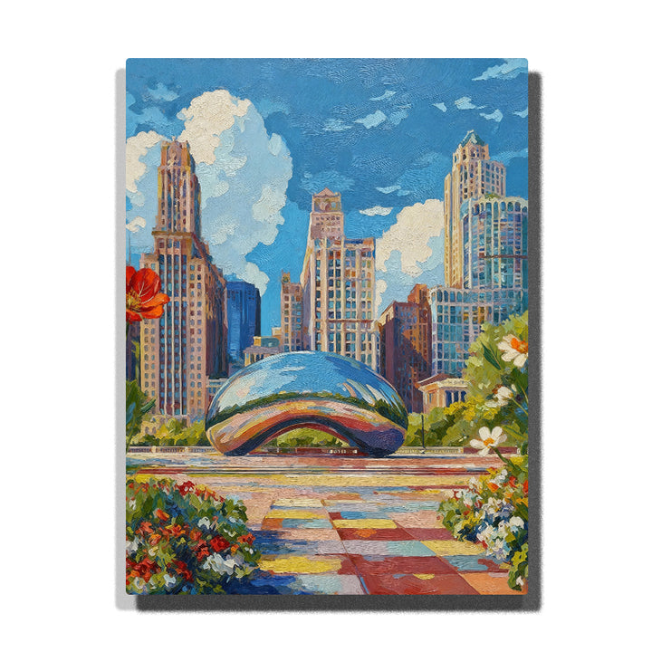 paint by numbers artwork depicting Chicago Cloud Gate with city skyline and colorful flowers, urban landmark wall decor for adults by PaintEasy