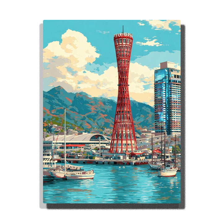 paint by numbers artwork depicting Kobe Port Tower with harbor boats under blue sky and white clouds, coastal city landmark wall decor for adults by PaintEasy
