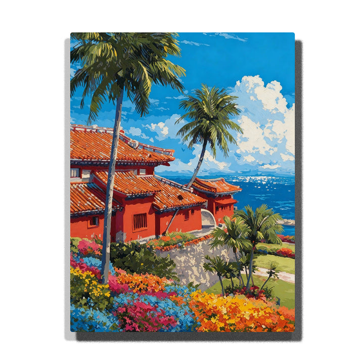 paint by numbers artwork depicting tropical red villa with palm trees, colorful flowers and ocean view under blue sky, coastal wall decor for adults by PaintEasy
