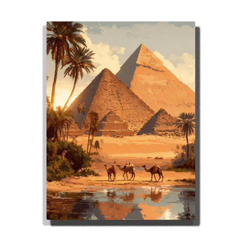 paint by numbers artwork depicting pyramids with camels, palm trees and oasis water reflections under golden sunset, desert landscape wall decor for adults by PaintEasy