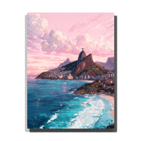 paint by numbers artwork depicting coastal cliff village with pink sky, turquoise waves and rocky shoreline, seaside landscape wall decor for adults by PaintEasy