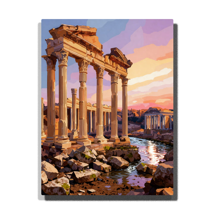 paint by numbers artwork depicting ancient Roman columns with stone ruins, sunset sky and water reflections, classical landscape wall decor for adults by PaintEasy