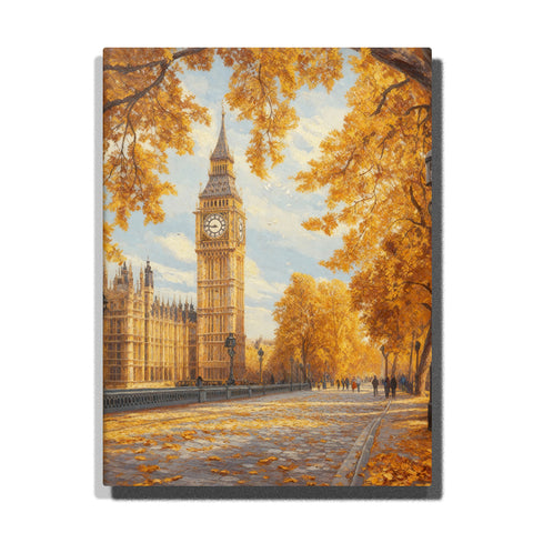 paint by numbers artwork depicting Big Ben along a London avenue with golden autumn trees and fallen leaves, city landmark wall decor for adults by PaintEasy