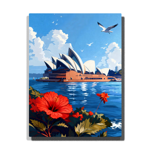 paint by numbers artwork depicting Sydney Opera House with blue harbor, white clouds, seabirds and red coastal flowers, city landmark wall decor for adults by PaintEasy