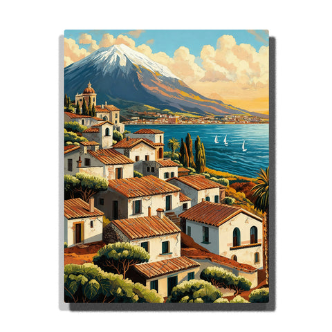 paint by numbers artwork depicting a Mediterranean seaside village with terracotta roofs, blue bay and mountain backdrop under warm sunlight, coastal landscape wall decor for adults by PaintEasy