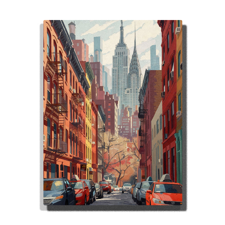 paint by numbers artwork depicting New York street with red brick buildings, parked cars, autumn trees and Empire State Building skyline, city wall decor for adults by PaintEasy