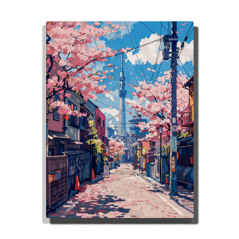 paint by numbers artwork depicting Tokyo street with cherry blossoms, blue sky and Skytree in the distance, spring city wall decor for adults by PaintEasy