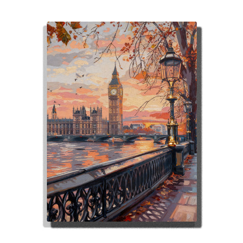paint by numbers artwork depicting Big Ben by the Thames with autumn leaves, riverside railing and sunset reflections, London city wall decor for adults by PaintEasy
