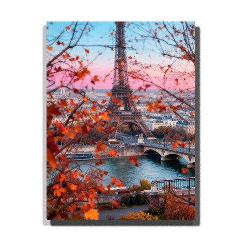 paint by numbers artwork depicting Eiffel Tower across the river with autumn leaves, bridge and pink sunset sky, Paris city wall decor for adults by PaintEasy