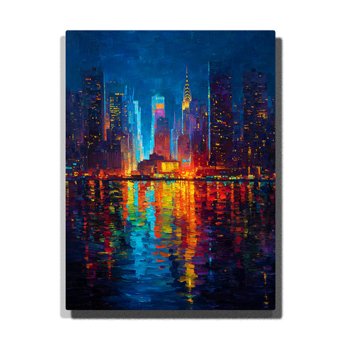 Neon skyline reflections across a midnight city river with glowing skyscrapers, colorful water light, and modern urban night atmosphere, city paint by numbers wall art by PaintEasy