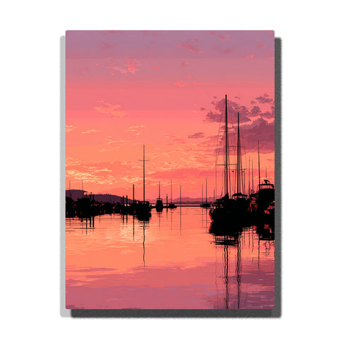 Pink marina silhouettes beneath a glowing sunset harbor sky with sailboat masts, mirrored water, and warm coastal city atmosphere, city paint by numbers wall art by PaintEasy