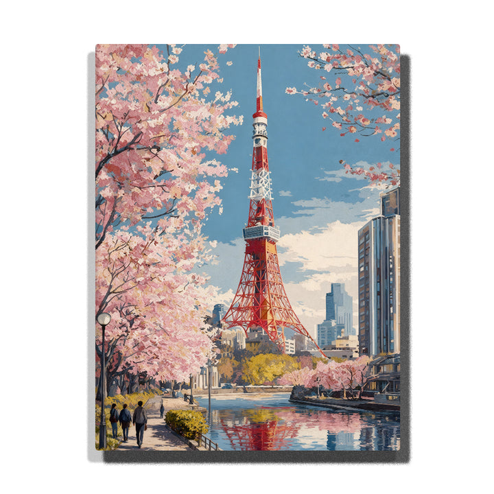 paint by numbers artwork depicting Tokyo Tower with cherry blossoms by riverside, city landmark spring scene wall decor for adults by PaintEasy