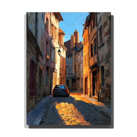 Sunlit old town alley with tall stone buildings, golden cobblestones, and a small blue car, city paint by numbers wall art by PaintEasy