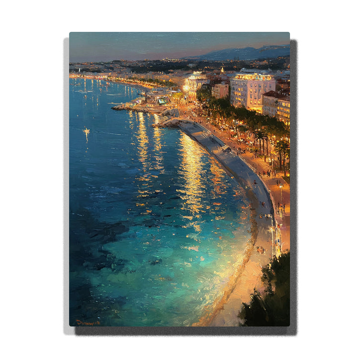 Glowing Riviera shoreline with golden night reflections, turquoise bay water, illuminated promenade, and elegant coastal city lights, city paint by numbers wall art by PaintEasy