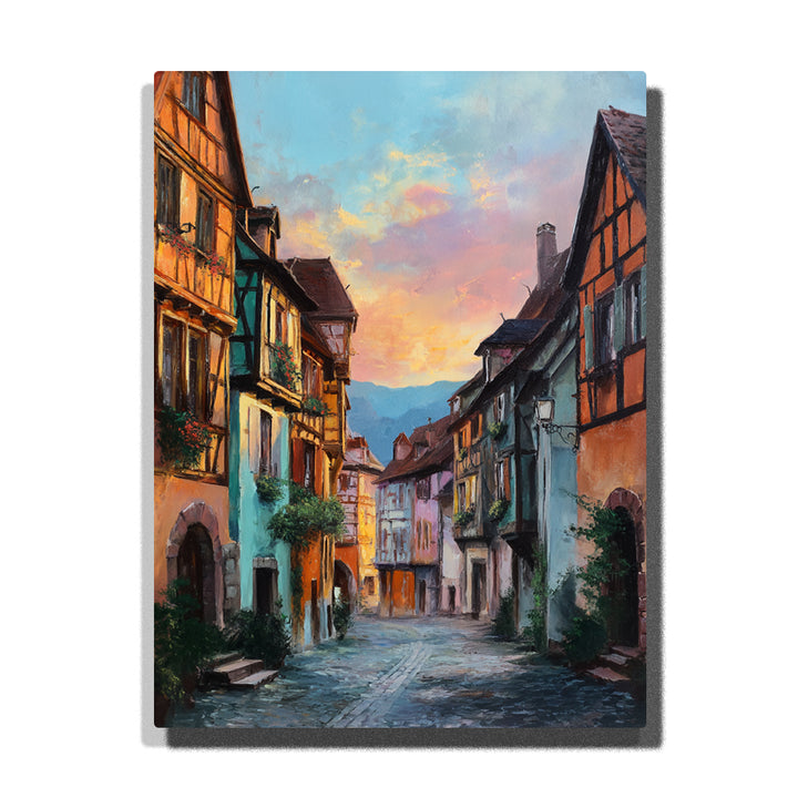 Colorful timbered village street beneath a soft evening sky with half-timbered houses, pastel facades, and charming old-European city atmosphere, city paint by numbers wall art by PaintEasy