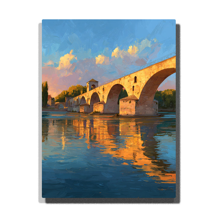 Historic Stone Arch Bridge Paint by Numbers For Adults featuring golden sunset light, repeating bridge arches and warm orange reflections across blue river water
