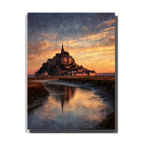 Hilltop abbey and stone town reflected in a winding tidal river beneath a golden sunset sky, city paint by numbers wall art by PaintEasy