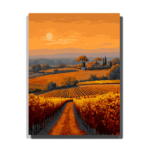 Golden vineyard path beneath a burnt orange evening sky with farmhouse, rolling hills, and warm cultivated countryside light, city paint by numbers wall art by PaintEasy