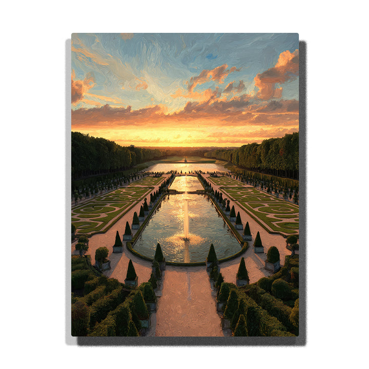 Sunlit palace gardens with grand reflecting pools at sunset, formal hedges, symmetrical paths, and glowing European city landscape by PaintEasy