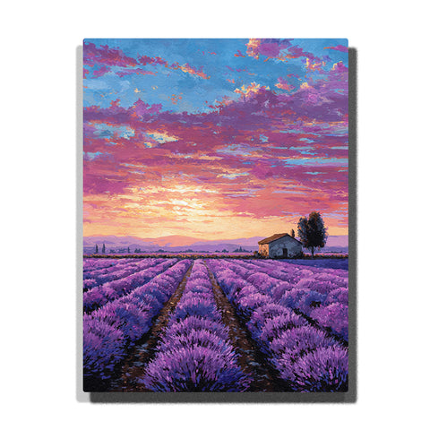 Lavender fields beneath a rose violet sunset sky with long flower rows, small farmhouse, and glowing countryside evening light, city paint by numbers wall art by PaintEasy
